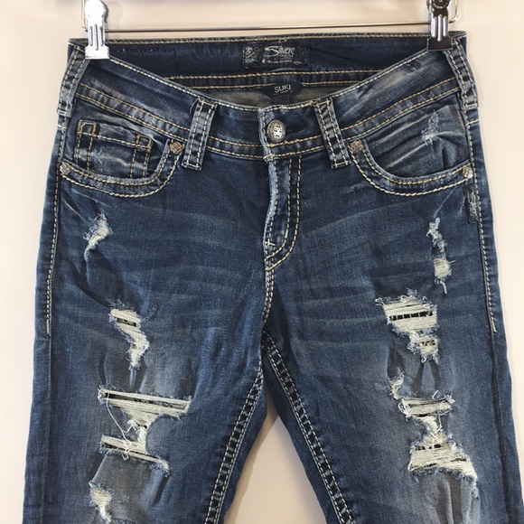 Silver Suki Mid Pencil Skinny Jeans Womens 30/31 Dark Wash Distressed Denim - Picture 2 of 13